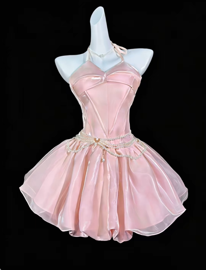 Cute Pink Halter Satin Tulle A Line Short Homecoming Dress Birthday Outfits SP3540