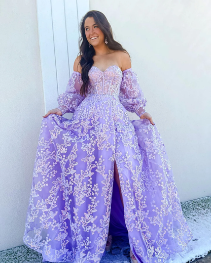 Sparkle Princess Bustier Puff Sleeve Lace Long Prom Dress Detachable Sleeves Evening Dress  Y1805