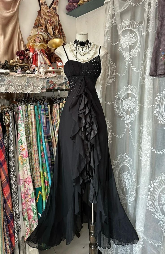 Vintage Black Spaghetti Strap Mermaid Chiffon Beaded Prom Dress Party Gown Y8781
