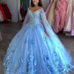 Light Blue Quinceanera Dresses Flowers Ball Gown Off Shoulder Lace Appliques 3d Floral Crystal Beads Long Sleeves Sweet 16 Dress Y759