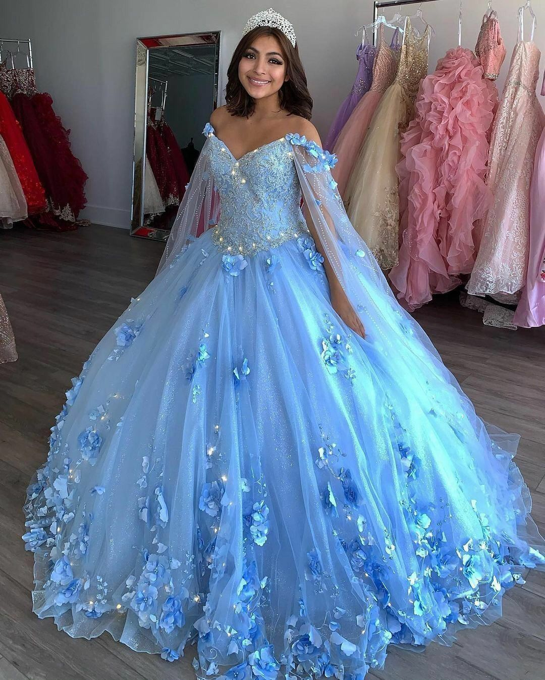 Light Blue Quinceanera Dresses Flowers Ball Gown Off Shoulder Lace Appliques 3d Floral Crystal Beads Long Sleeves Sweet 16 Dress Y759