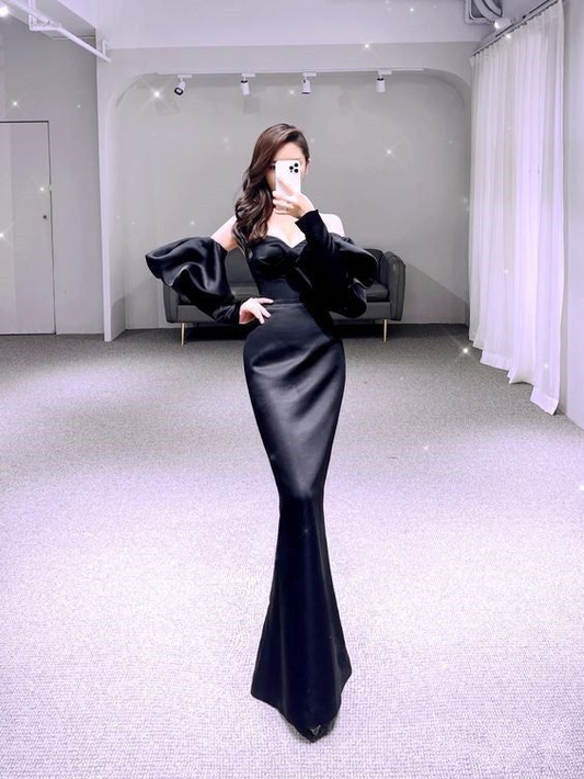 Simple Mermaid Black Prom Dress Satin Long Evening Dress Y6416