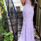 Elegant Strapless Tulle Lace Appliques Lilac Mermaid Evening Prom Dresses Y7873