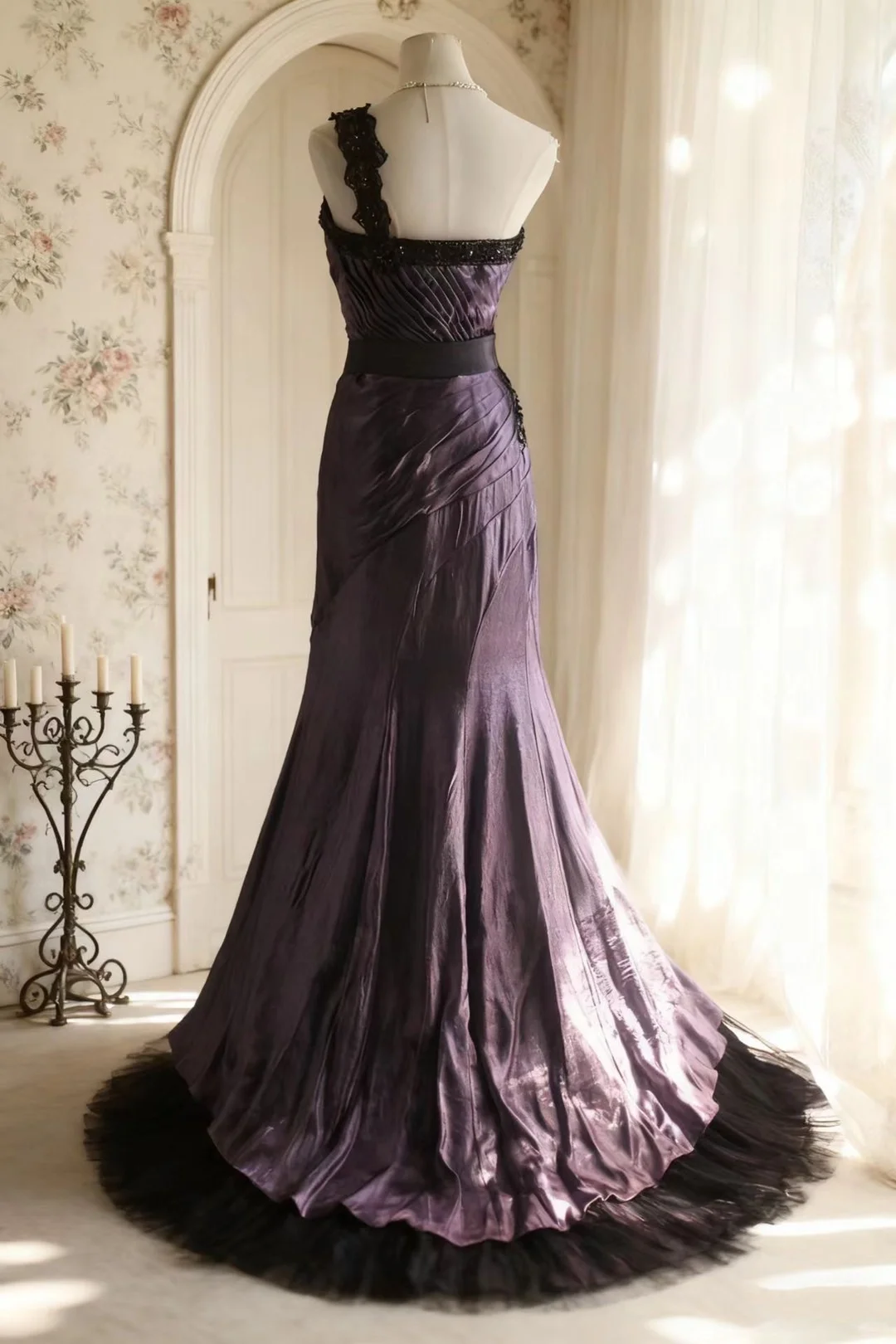 Vintage One Shoulder Purple Satin Beaded Mermaid Party Dress Long Birthday Prom Gown SP752