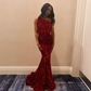 One-Shoulder Red Sequin Backless Mermaid Long Prom Dress Y4400