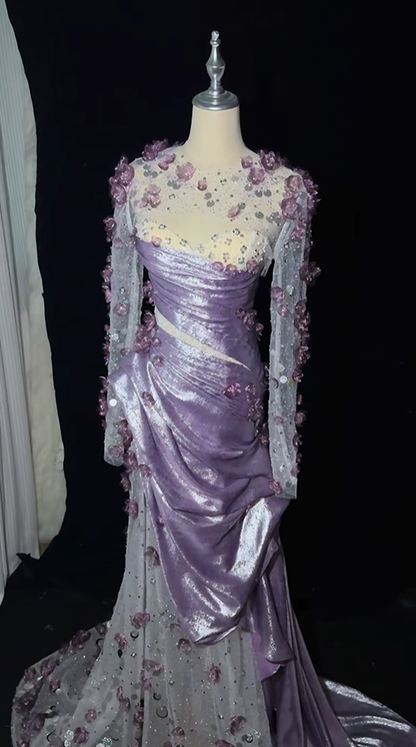 Charming Purple Satin Tulle Appliques Beaded Mermaid Party Dress Pink Long Prom Dress SP4219