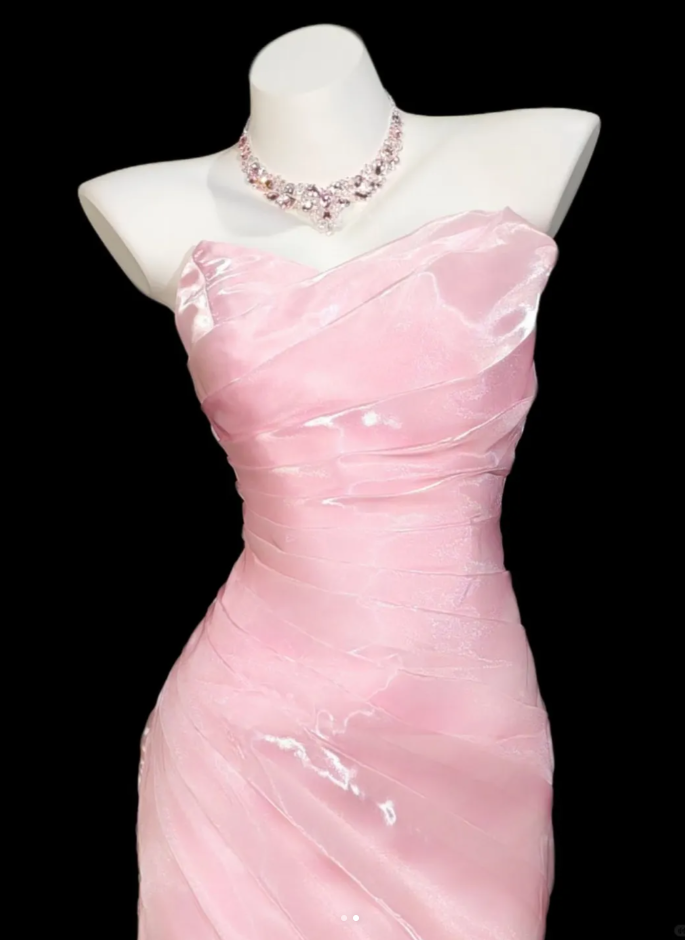 Elegant Pink Strapless Organza Pleated Mermaid Long Party Dress Birthday Dress SP1915
