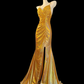 Gorgeous Spaghetti Straps Gold Satin Pleated Mermaid Prom Dress Slit Long Party Gown SP347