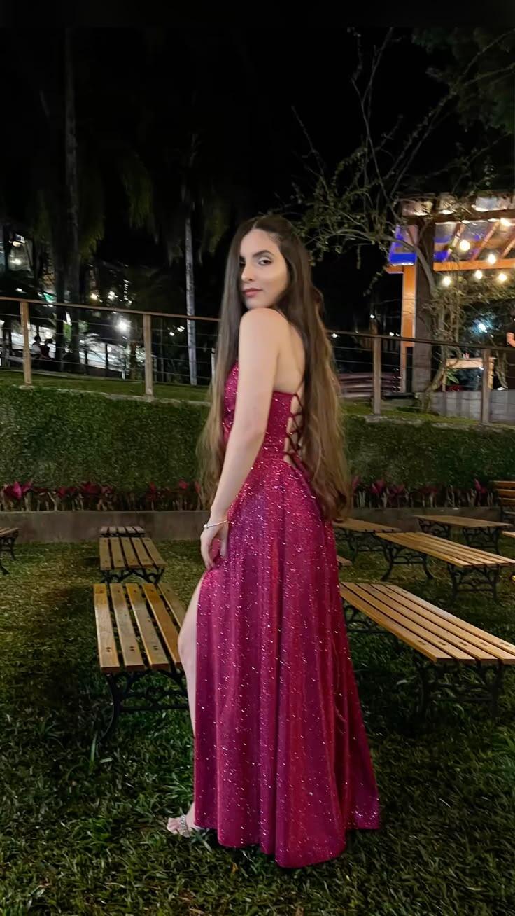 Shiny Spaghetti Straps V Neck Tulle Sequin Long Wedding Guest Dress Hot Pink Slit Long Evening Dress SP3767