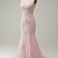 Mermaid Spaghetti Straps Light Pink Long Prom Dress with Appliques Y4466