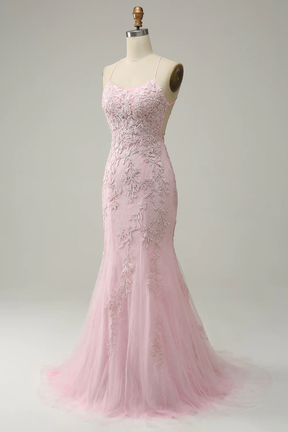 Mermaid Spaghetti Straps Light Pink Long Prom Dress with Appliques Y4466