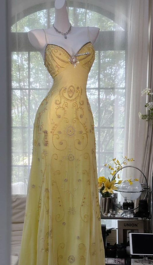 Sparkly Yellow Chiffon Beaded Prom Dress,Spaghetti Straops Backless Party Gown Evening Dress Y8718