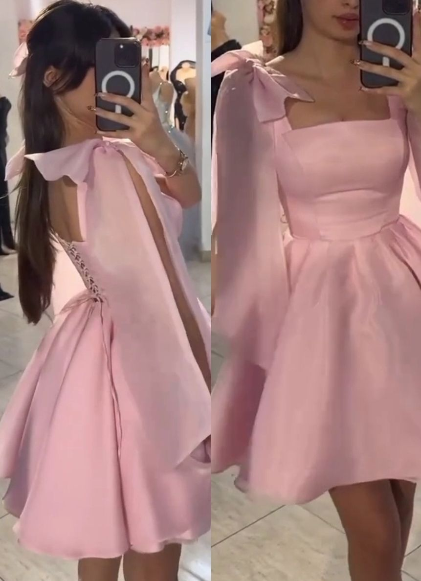 Sweet Square Neck Pink Satin Tulle A Line Short Graduation Homecoming Dress Birthday Outfits SP2310