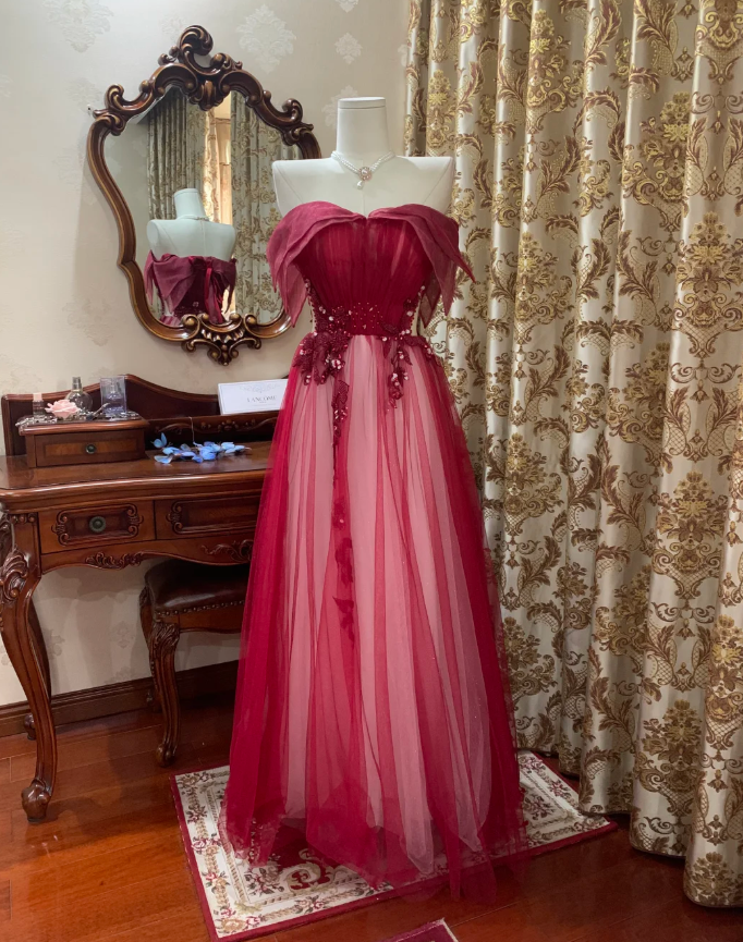 Pretty Red Off The Shoulder Tulle Beaded A Line Long Birthday Prom Dress Evening Dress SP1608