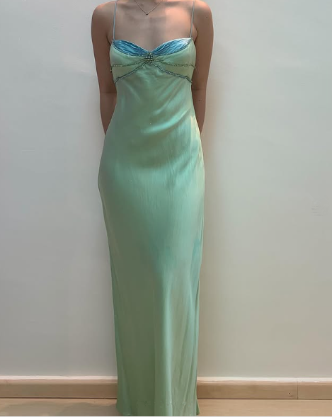 Sexy Spaghetti Straps Green Satin Beaded Prom Evening Dress Y7757