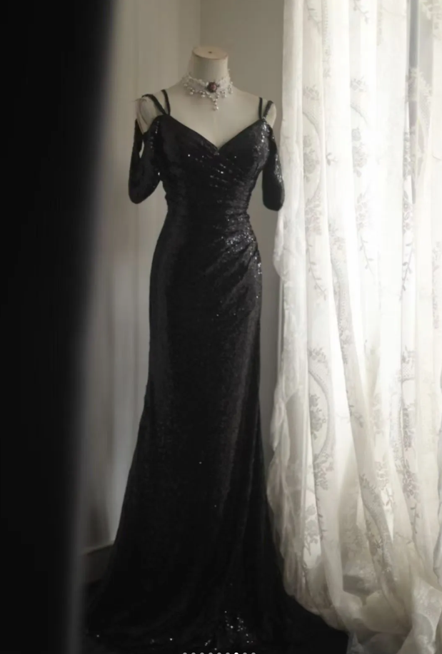 Sparkly Spaghetti Straps Black Sequin Mermaid Long Wedding Guest Dress Evening Gown SP1173
