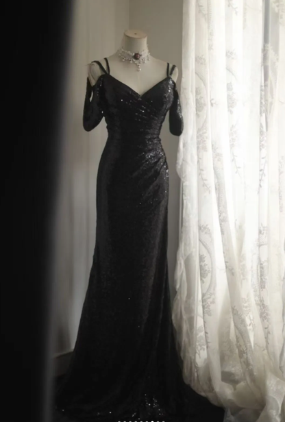 Sparkly Spaghetti Straps Black Sequin Mermaid Long Wedding Guest Dress Evening Gown SP1173