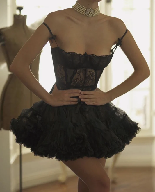Vintage Black Lace Homecoming Dress Cocktail Dress Spaghetti Straps Short Birthday Dress Y8859
