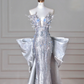 Luxury Silver Sequin 3D Beaded Mermaid Evening Dress,Long Prom Dress With Bow Y8640