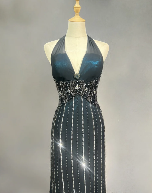 Gorgeous Halter V Neck Peacock Blue Satin Beaded Mermaid Long Evening Dress Backless Prom Gown SP1384