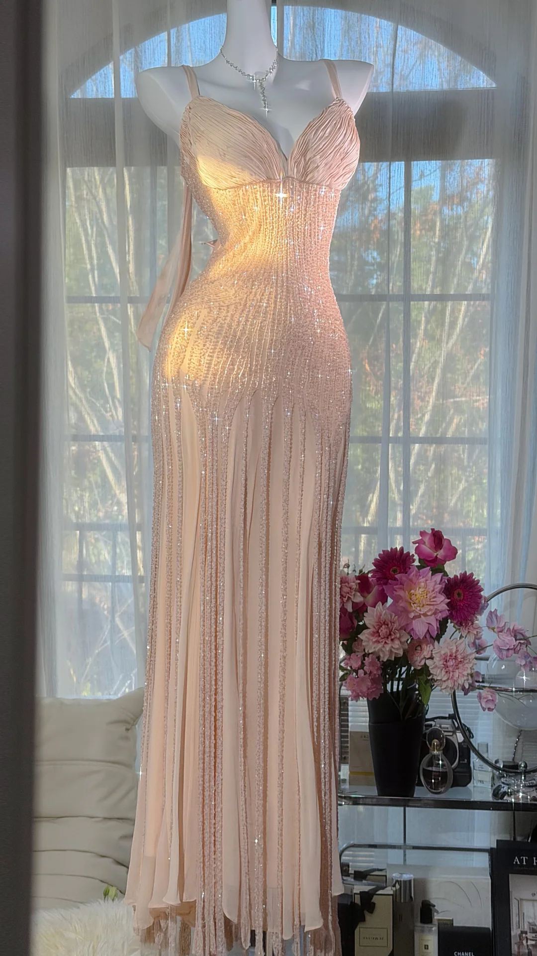 Glitter Spaghetti Straps Chiffon Beaded Mermaid Long Evening Dress Birthday Prom Dresses SP2189