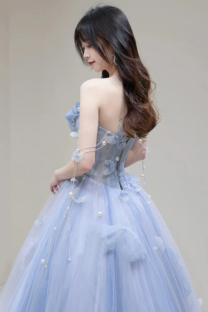 A-Line Blue Tulle Long Prom Dress, Blue Tulle Formal Dress Y6774