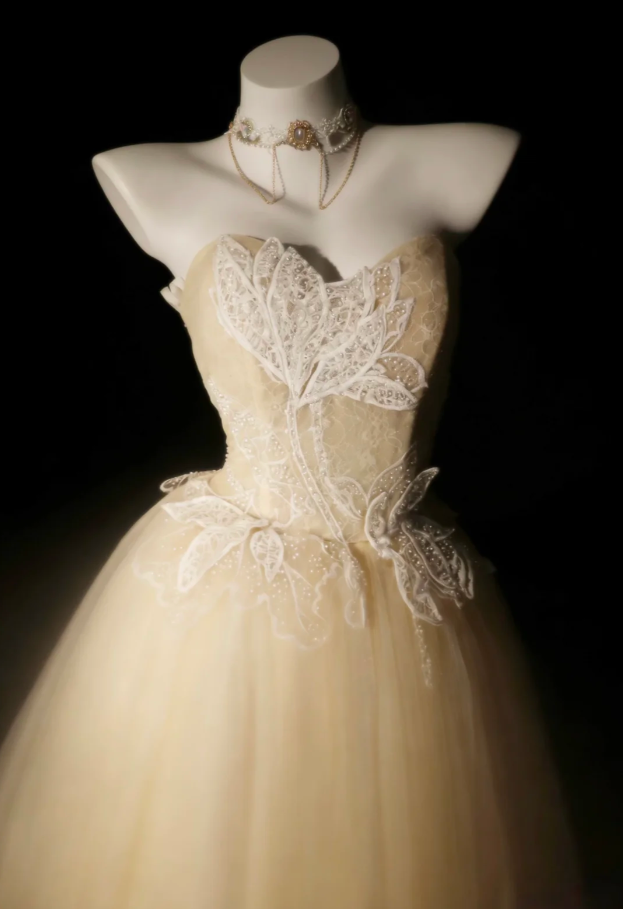 Classy Light Champagne Tulle Sequin Appliques Long Birthday Prom Dress Evening Gown SP1842