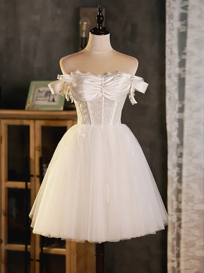 Cute White Tulle Sweetheart Beaded Homecoming Dress, White Short Gradu Simplepromdress Cute White Tulle Sweetheart Beaded Homecoming Dress, White Short Gradu Simplepromdress