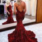 One-Shoulder Red Sequin Backless Mermaid Long Prom Dress Y4400