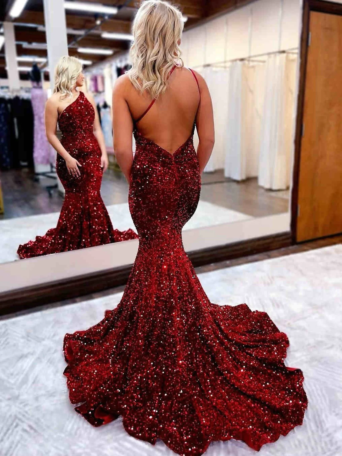 One-Shoulder Red Sequin Backless Mermaid Long Prom Dress Y4400 – Simplepromdress One-Shoulder Red Sequin Backless Mermaid Long Prom Dress Y4400 – Simplepromdress