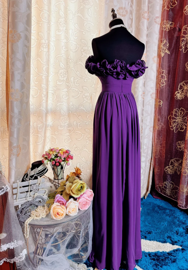Classy Purple Ruffles Strapless Chiffon Long Prom Dress Evening Gown SP1895