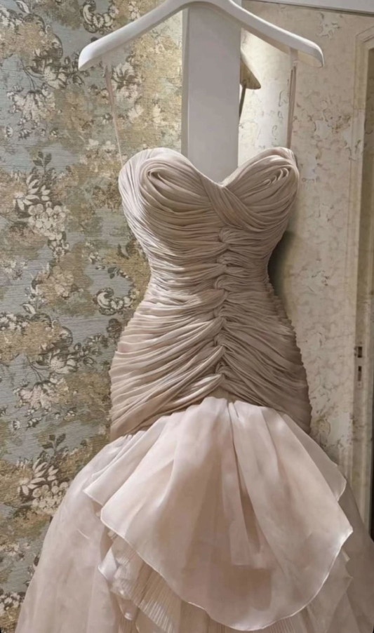 Classy Sweetheart Neck Pink Pleated Organza Layered Mermaid Evening Dress Long Birthday Prom Dresses SP1020