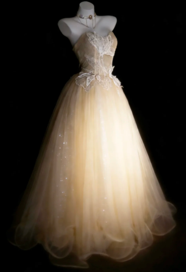 Classy Light Champagne Tulle Sequin Appliques Long Birthday Prom Dress Evening Gown SP1842