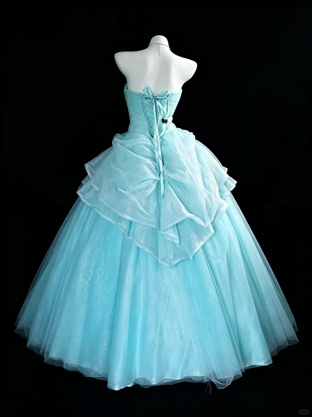Elegant Blue Strapless Sweetheart Aqua Glitter Tulle Ball Gown Crystal Beaded Big Bow Tiered Ruffle Long Quinceanera Dress SP2734
