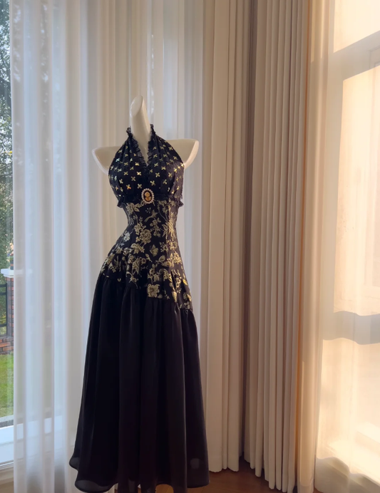 Elegant Black Halter Satin Print Floral Sequins Evening Dress,Long ALine Prom Dress Y8568