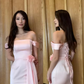 Sweet Pink Off The Shoulder Satin Long Bridesmaid Dress Birthday Outfits  SP762