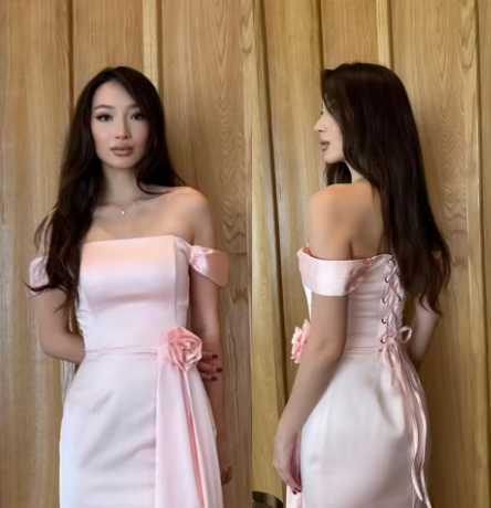 Sweet Pink Off The Shoulder Satin Long Bridesmaid Dress Birthday Outfits  SP762