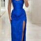 Elegant Strapless Brown Lace Slit Mermaid Prom Dress Long Party Dress SP1350