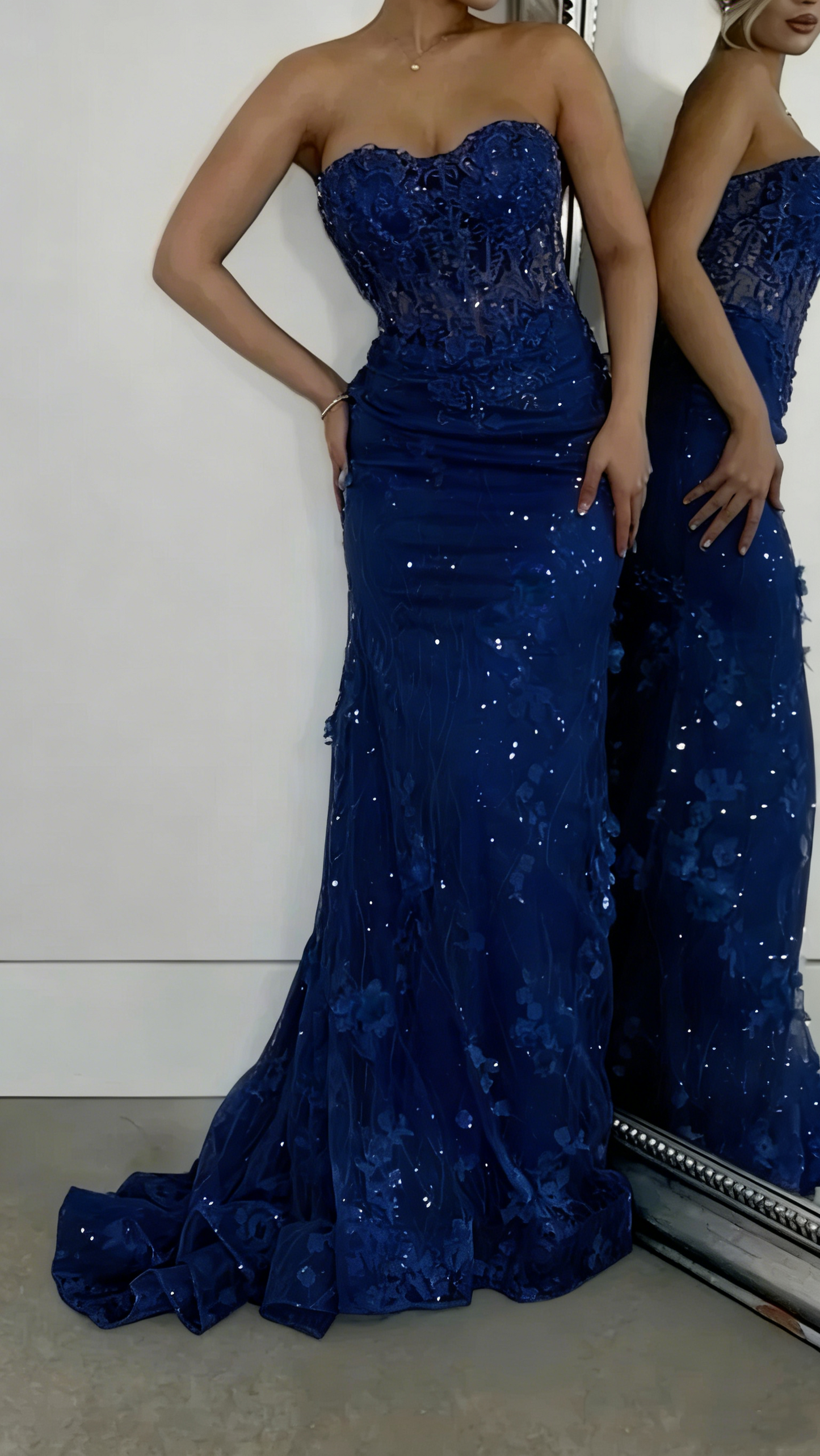 Sparkly Light Blue Mermaid Tulle Appliques Evening Gown Formal Prom Dress Y7871