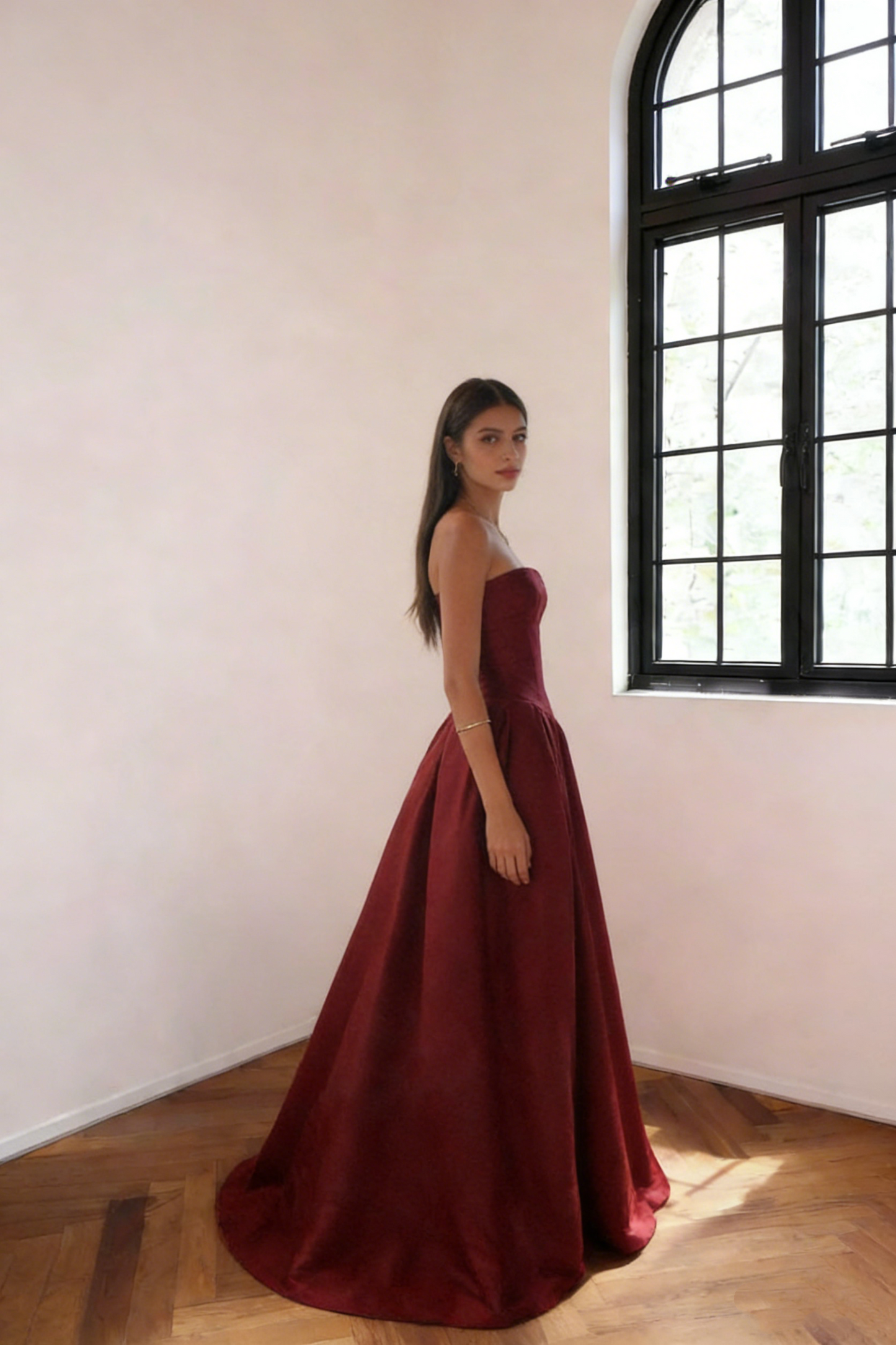 Classy Burgundy Strapless Satin Pleated Long Evening Dress Formal Wedding Guest Dress SP1732