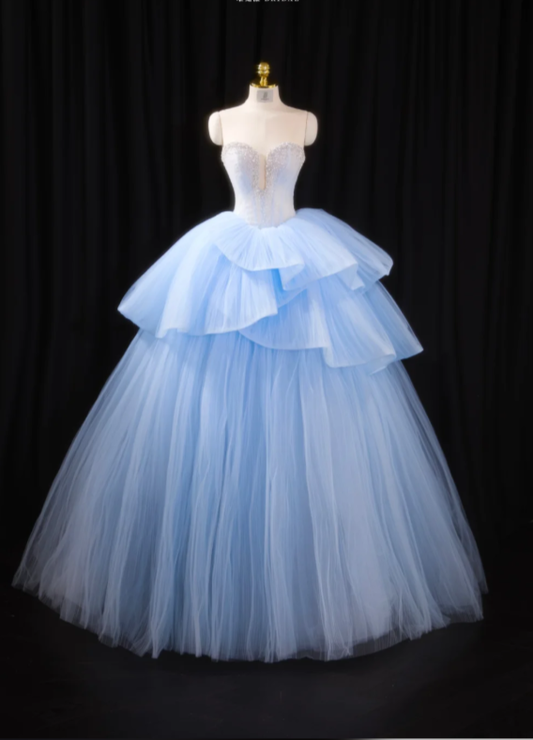 Pretty Blue Princess Ball Gown Strapless Tulle Beaded Sweet 16 Dress Quinceanera Dress SP2231
