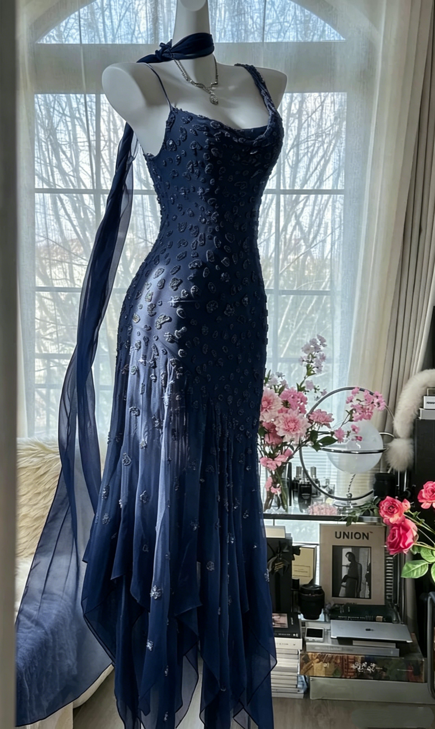 Vintage Pink Chiffon Beaded Mermaid Evening Dress Prom Dress Y8788