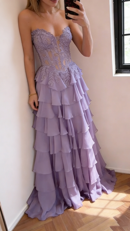 Gorgeous Strapless Navy Blue Chiffon Layered Long Party Dress Birthday Prom Dress With Appliques SP1673