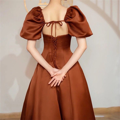 Coffee satin prom dress long Short puffy sleeve ball gown Square neck Simplepromdress Coffee satin prom dress long Short puffy sleeve ball gown Square neck Simplepromdress