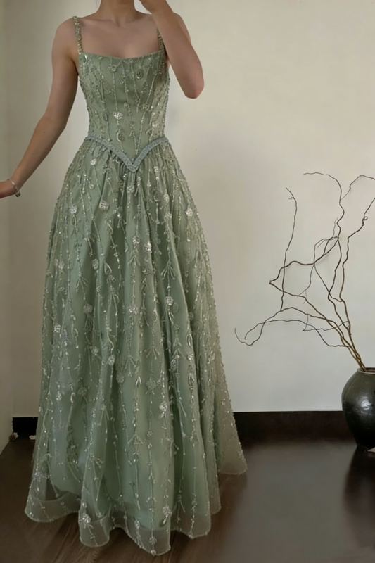 Pretty Green Spaghetti Straps Tulle Sequin Beaded A Line Long Wedding Guest Dress Formal Party Dress Prom Gown  SP1548