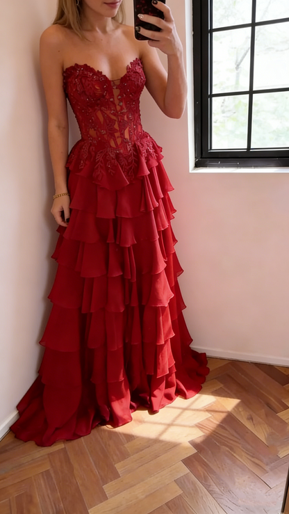 Gorgeous Strapless Navy Blue Chiffon Layered Long Party Dress Birthday Prom Dress With Appliques SP1673