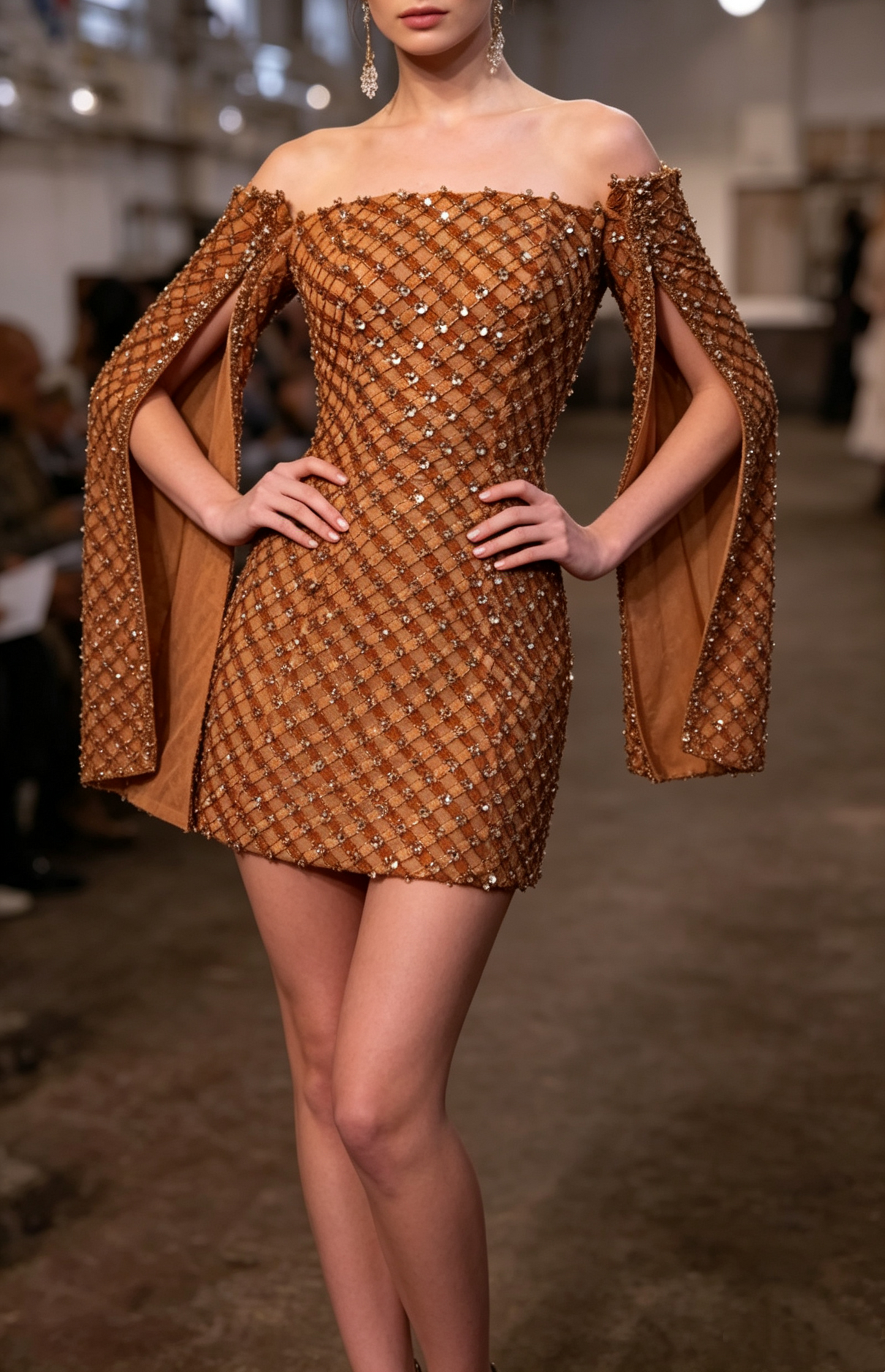 Gorgeous Caramel Brown Off Shoulder Split Sleeve Rhinestone Satin Bodycon Mini Cocktail Dress Formal Graduation Homecoming Dress SP2758