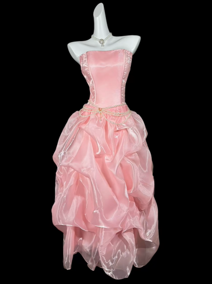 Classy Light Champagne Strapless Organza Pleated Long Prom Dress Party Dresses SP3536