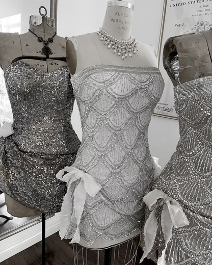 Vintage Silver Strapless Sequin Beaded Sheath Cocktail Dress Homecoming Dress Y8950