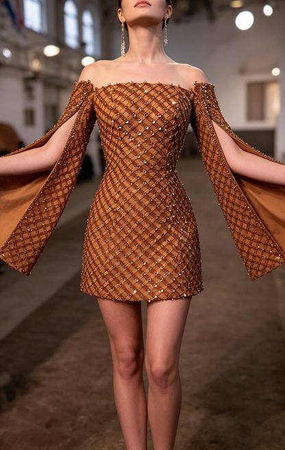 Gorgeous Caramel Brown Off Shoulder Split Sleeve Rhinestone Satin Bodycon Mini Cocktail Dress Formal Graduation Homecoming Dress SP2758
